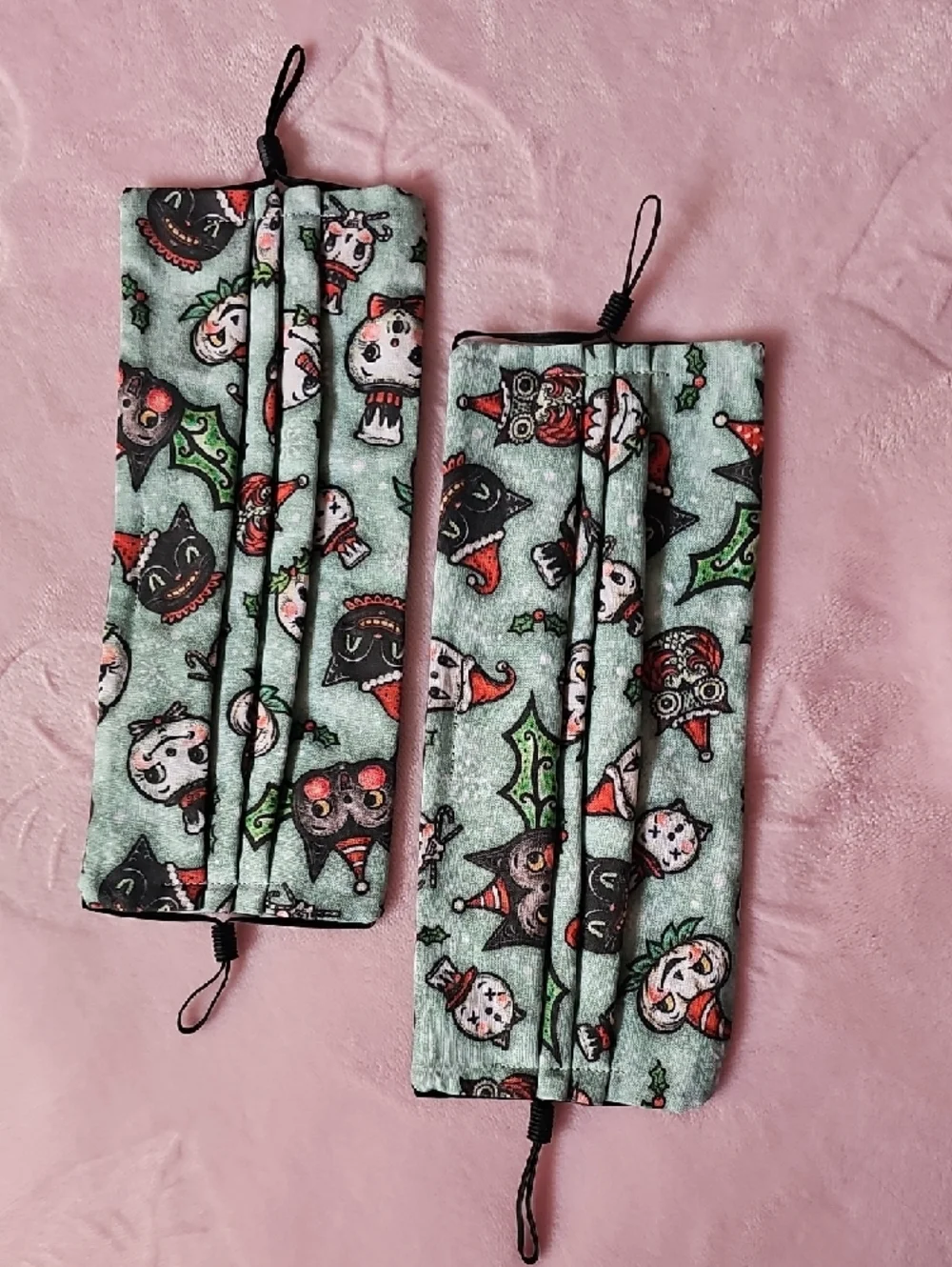 2 Holiday Character Print Pleated Face Masks - Mint Green & Pink